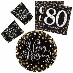   La mulți ani Set de petrecere Happy Birthday Gold 80, 32 de piese, cu farfurie de 23 cm