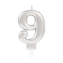   Numere Argintiu, Lumânare numerică argintie, lumânare pentru tort, numărul 9
