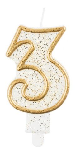 Numere Gold Lumânare aurie cu gliter, cifra 3, pentru tort