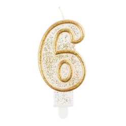   Numere Gold Lumânare aurie cu sclipici cifra 6, lumânare pentru tort
