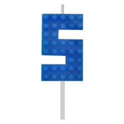   Blocks Blue Blocks Lumânare de tort numărul 5 Blue în formă de bloc de construcție
