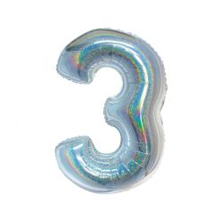   Numere Holographic Silver, Balon din folie argintiu cu cifra 3, 76 cm