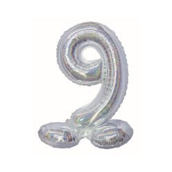   Numere Argintiu holografic, balon din folie cu cifra 9 și bază 72 cm