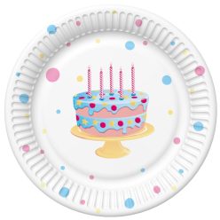   La mulți ani Cake with Balloons Farfurie de hârtie Happy Birthday, 8 buc, 18 cm