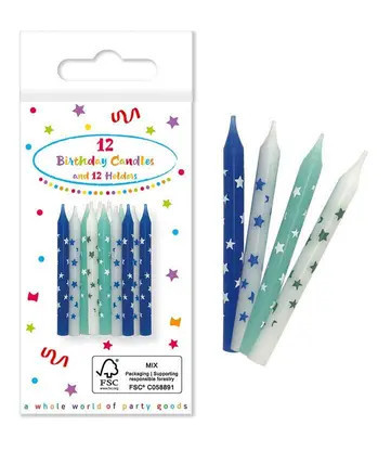 La mulți ani Happy Birthday Blue, Set de lumânări de tort albastre, 12 bucăți